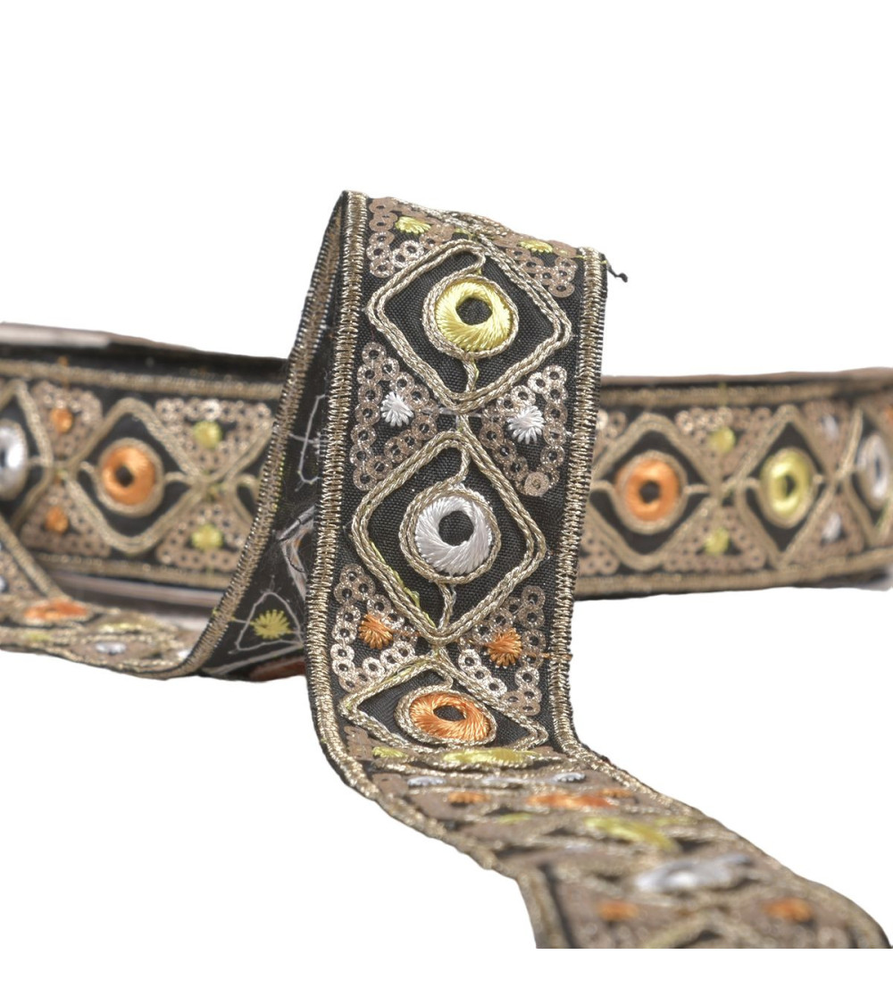 Bobina da 15 m di treccia indiana ricamata da 30 mm nera