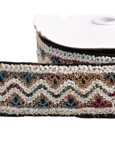 Bobina da 10 m di treccia ricamata con paillettes da 55 mm nera
