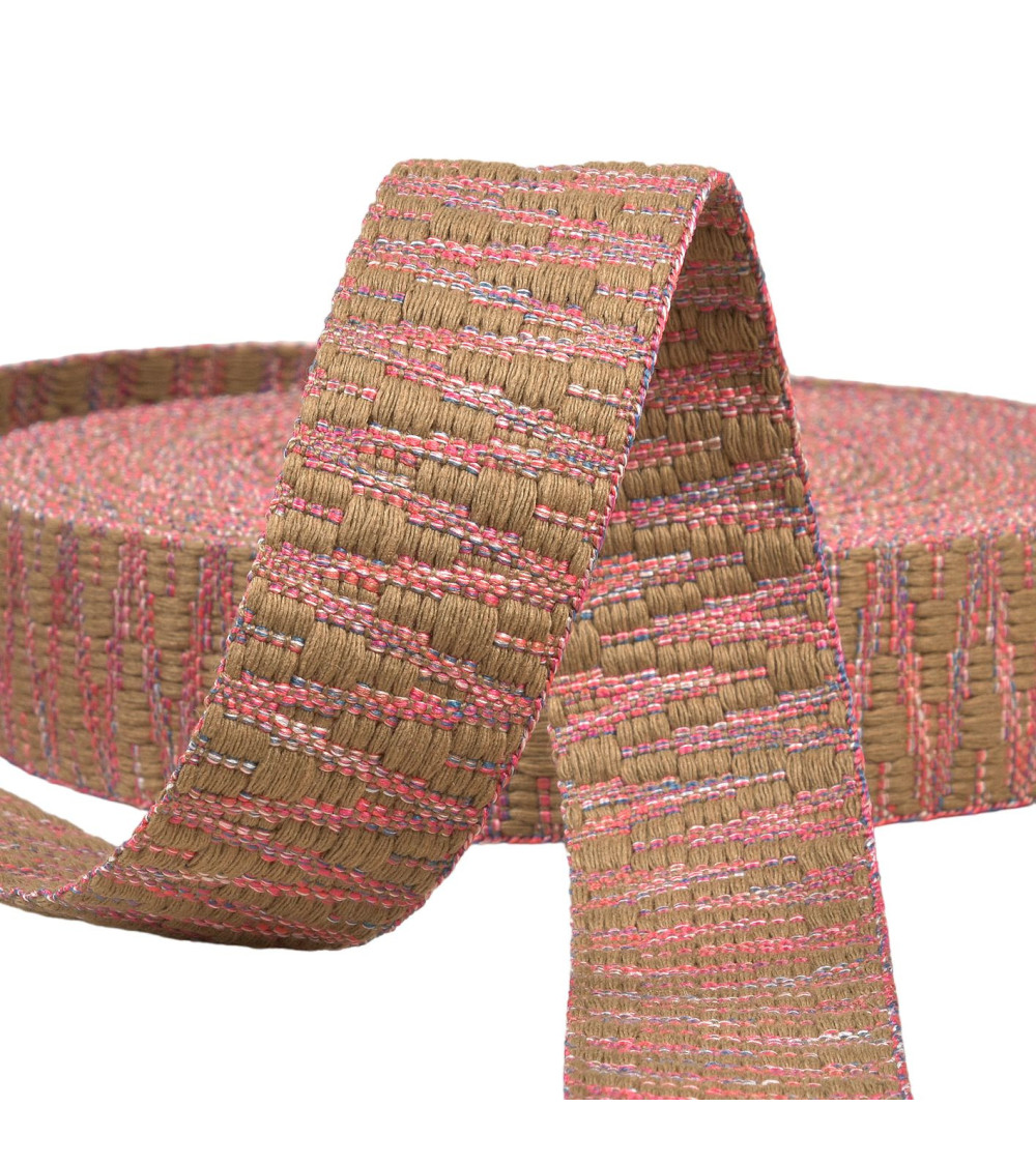 Bobine 14,5m sangle ethnique 38mm beige/rose