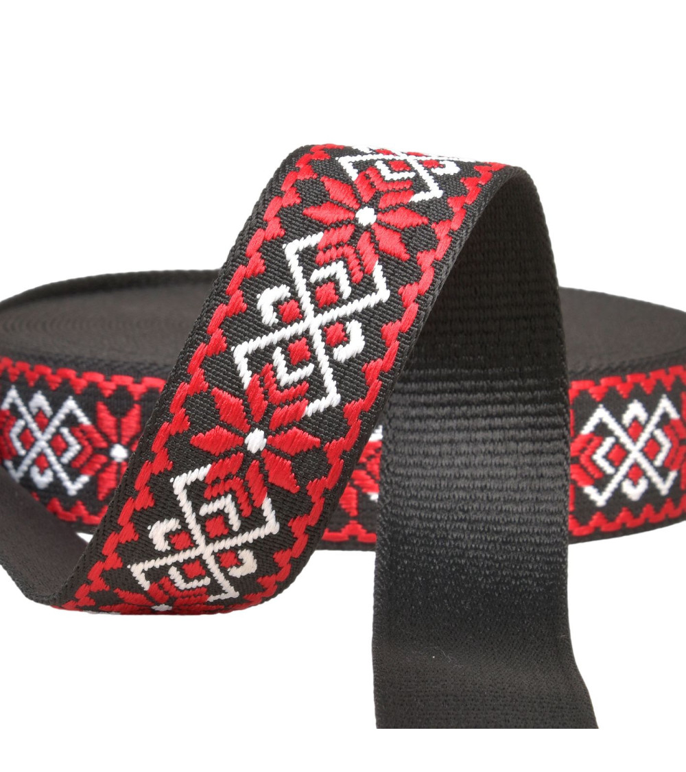 Bobine 14,5m sangle fleurs ethnique 38mm rouge/noir