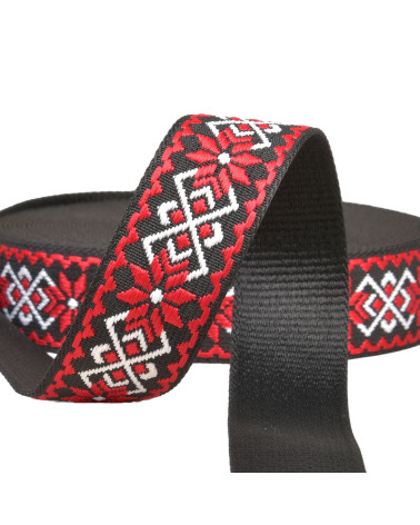 Spule 14,5 m Ethno-Blumenband 38 mm rot/schwarz