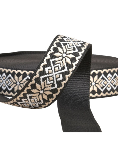 Bobine 14,5m sangle fleurs ethnique 38mm noir/beige