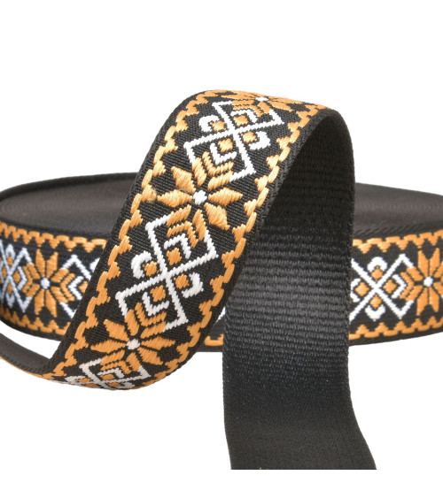 Spool 14.5m ethnic flower strap 38mm mustard/black