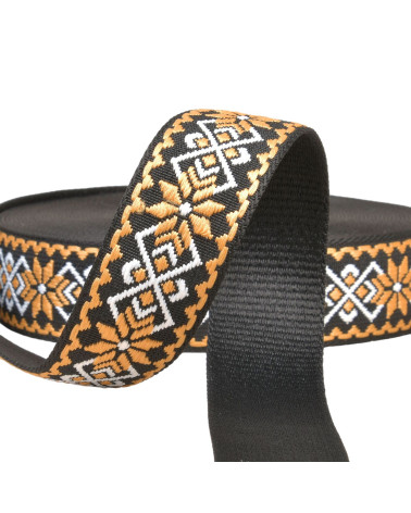 Spule 14,5 m Ethno-Blumenband 38 mm Senf/Schwarz
