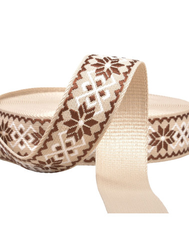 Bobine 14,5m sangle fleurs ethnique 38mm marron/beige