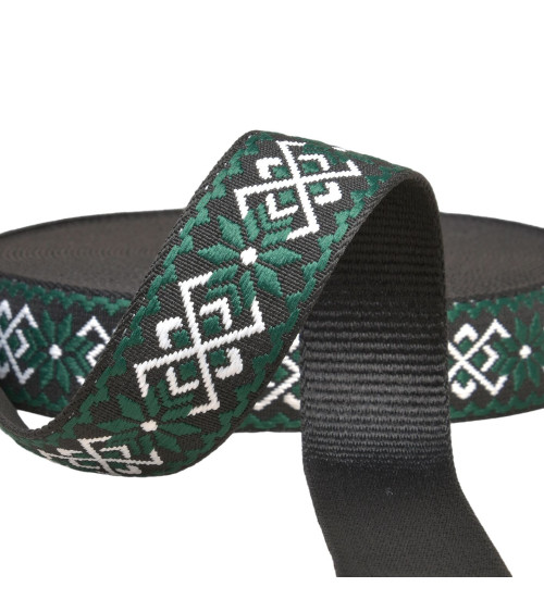 Bobine 14,5m sangle fleurs ethnique 38mm vert/noir