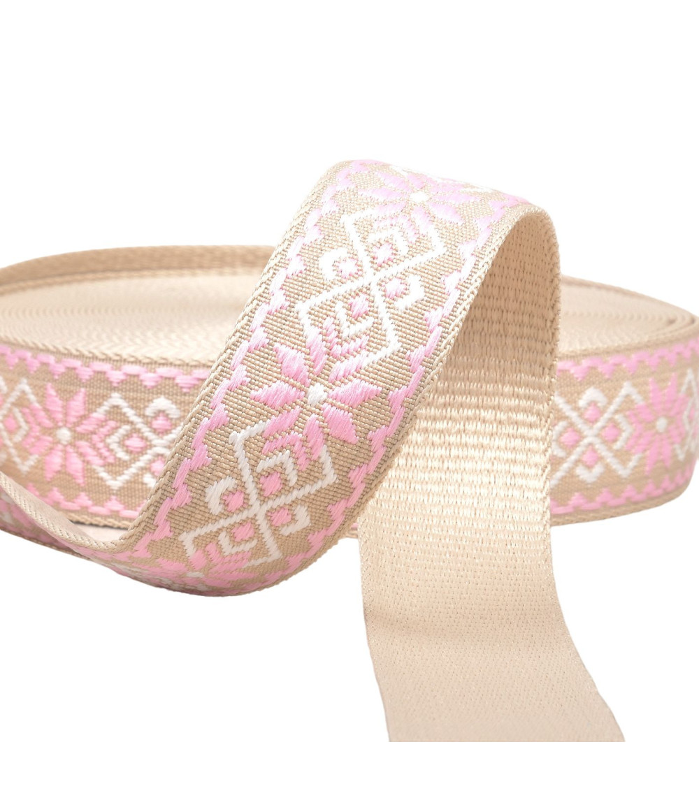 Bobine 14,5m sangle fleurs ethnique 38mm rose/beige