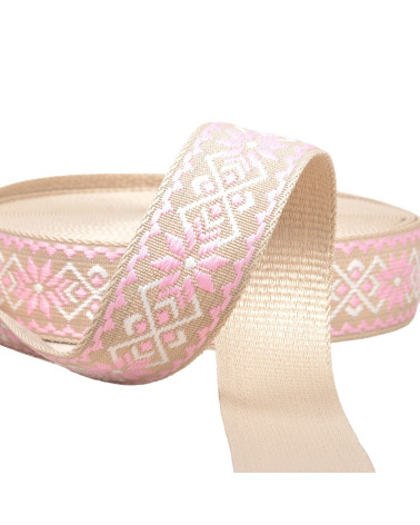 Bobine 14,5m sangle fleurs ethnique 38mm rose/beige