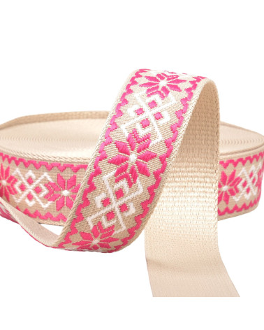 Bobine 14,5m sangle fleurs ethnique 38mm fuchsia/beige