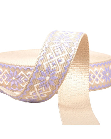 Bobine 14,5m sangle fleurs ethnique 38mm parme/beige