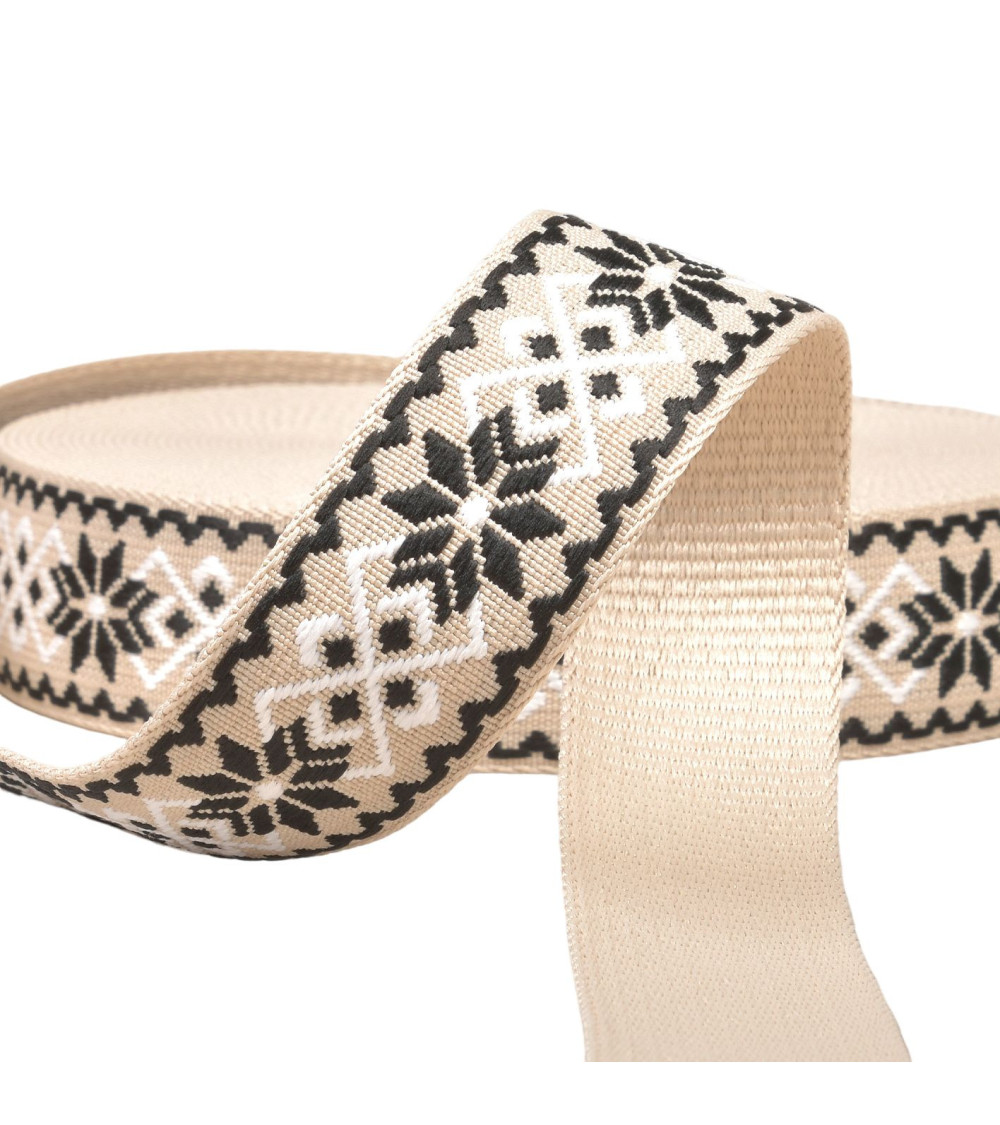 Bobine 14,5m sangle fleurs ethnique 38mm beige/noir