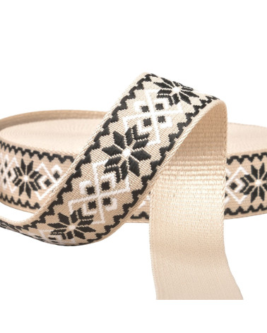 Bobine 14,5m sangle fleurs ethnique 38mm beige/noir