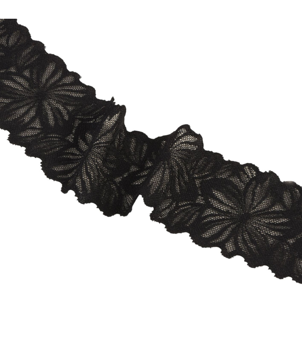 Bobine 15m dentelle élastique fleurs 57mm noir