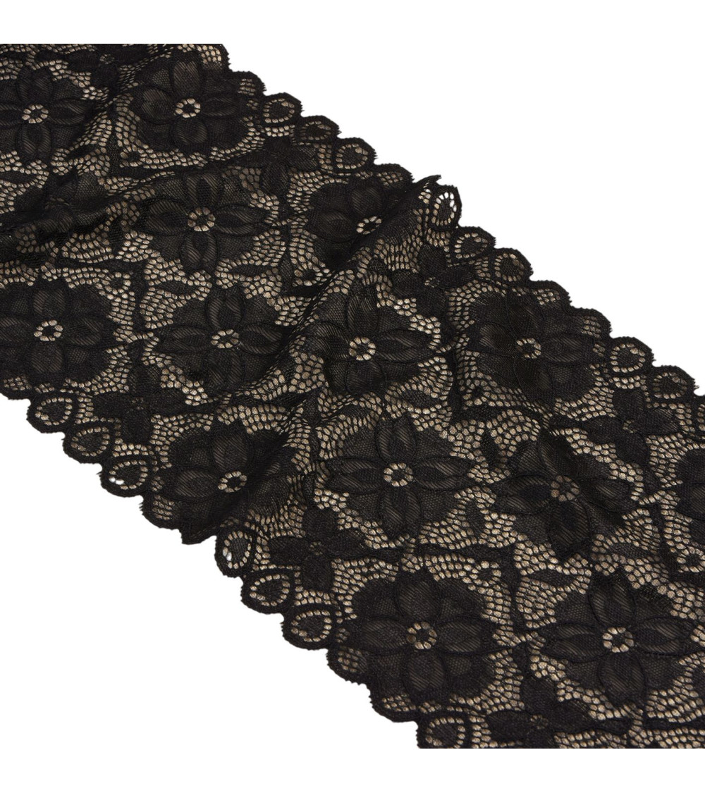 Bobina 15m encaje elástico flores 180mm negro