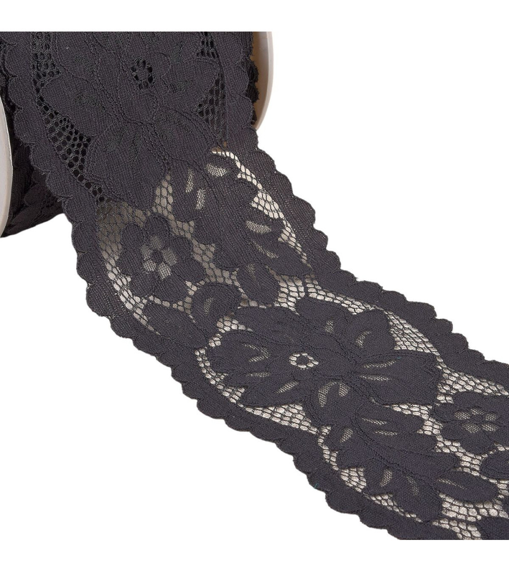 Spool 25m elastic lace between two flowers 110mm black