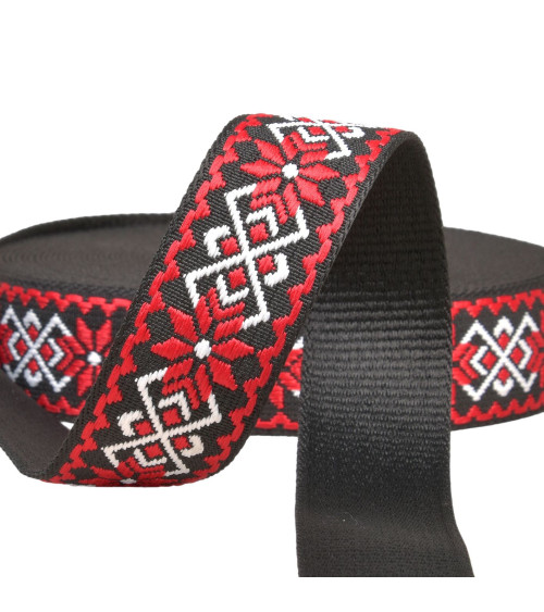 Ethnic flower strap 38mm red/black per meter