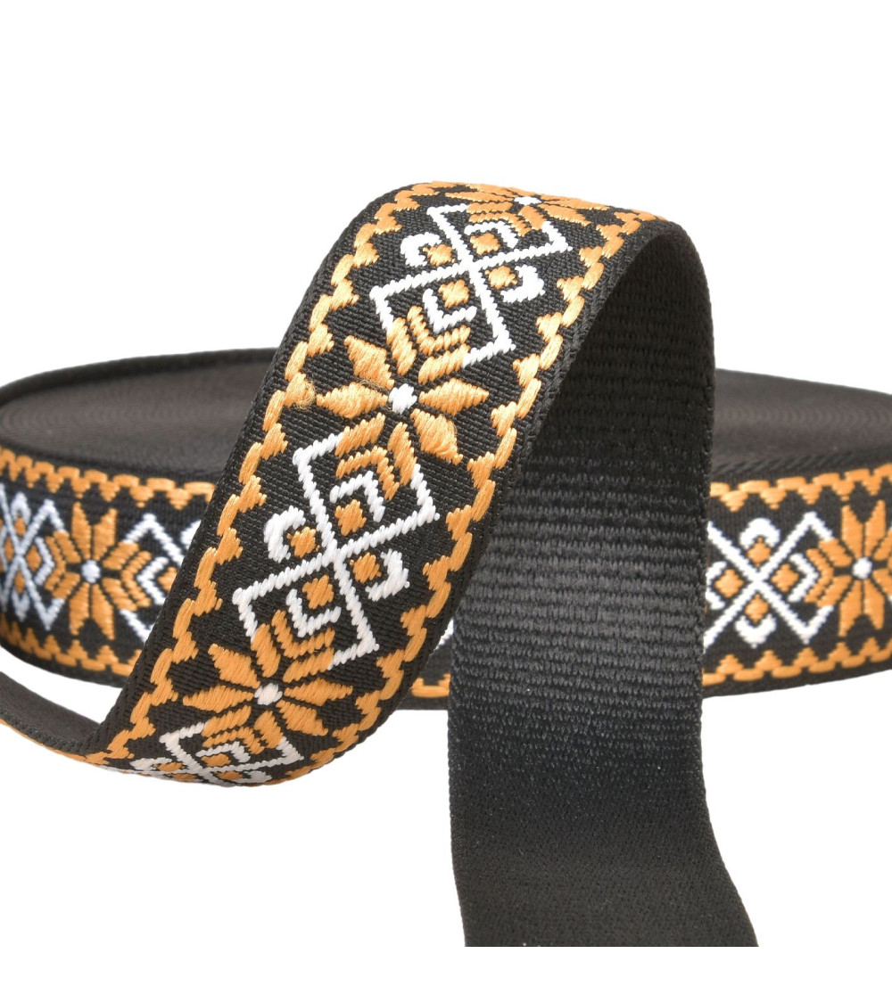 Ethnic flower strap 38mm mustard/black per meter