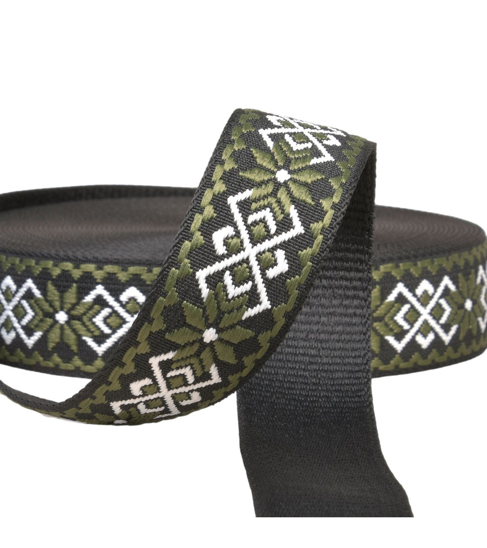 Ethnic flower strap 38mm brown/black per meter