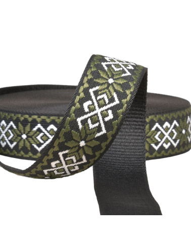 Sangle fleurs ethnique 38mm marron/noir au mètre