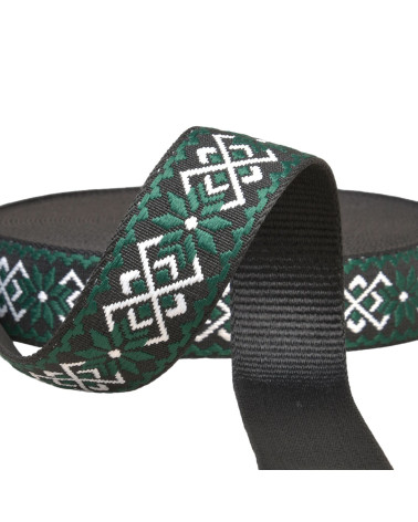 Sangle fleurs ethnique 38mm vert/noir au mètre