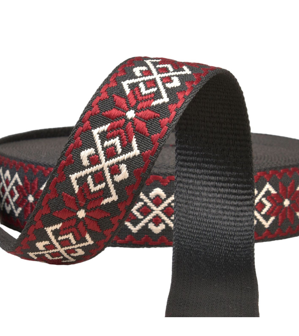 Ethnic flower strap 38mm burgundy/black per meter