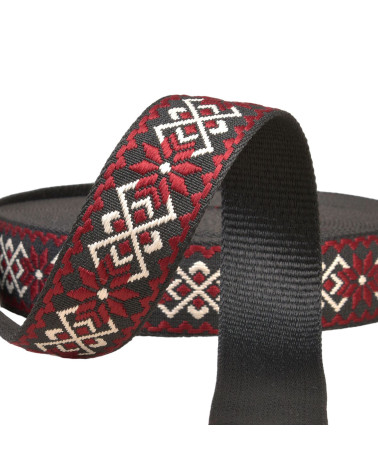 Ethnic flower strap 38mm burgundy/black per meter
