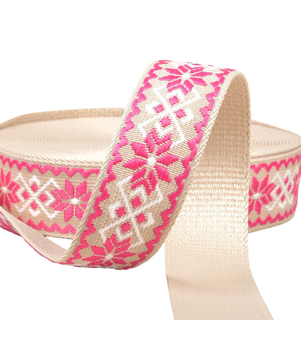 Ethnic flower strap 38mm fuchsia/beige per meter