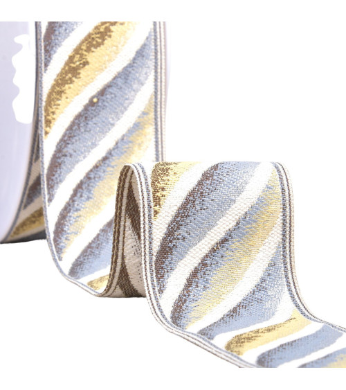 Galon jacquard vagues 58mm bleu/moutarde au mètre