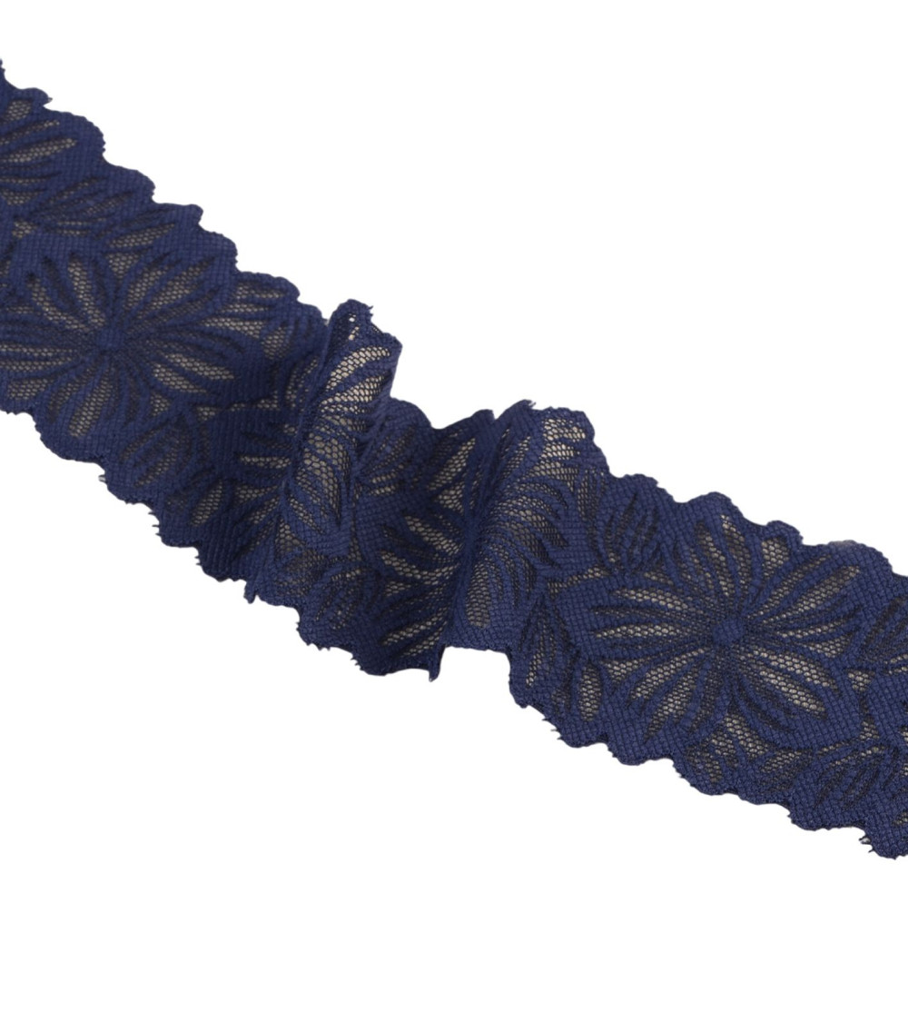 Elastic lace flowers 57mm navy blue per meter