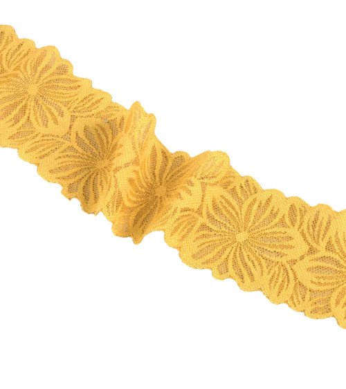 Elastic lace flowers 57mm mustard per meter