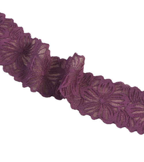 Elastic lace flowers 57mm plum per meter