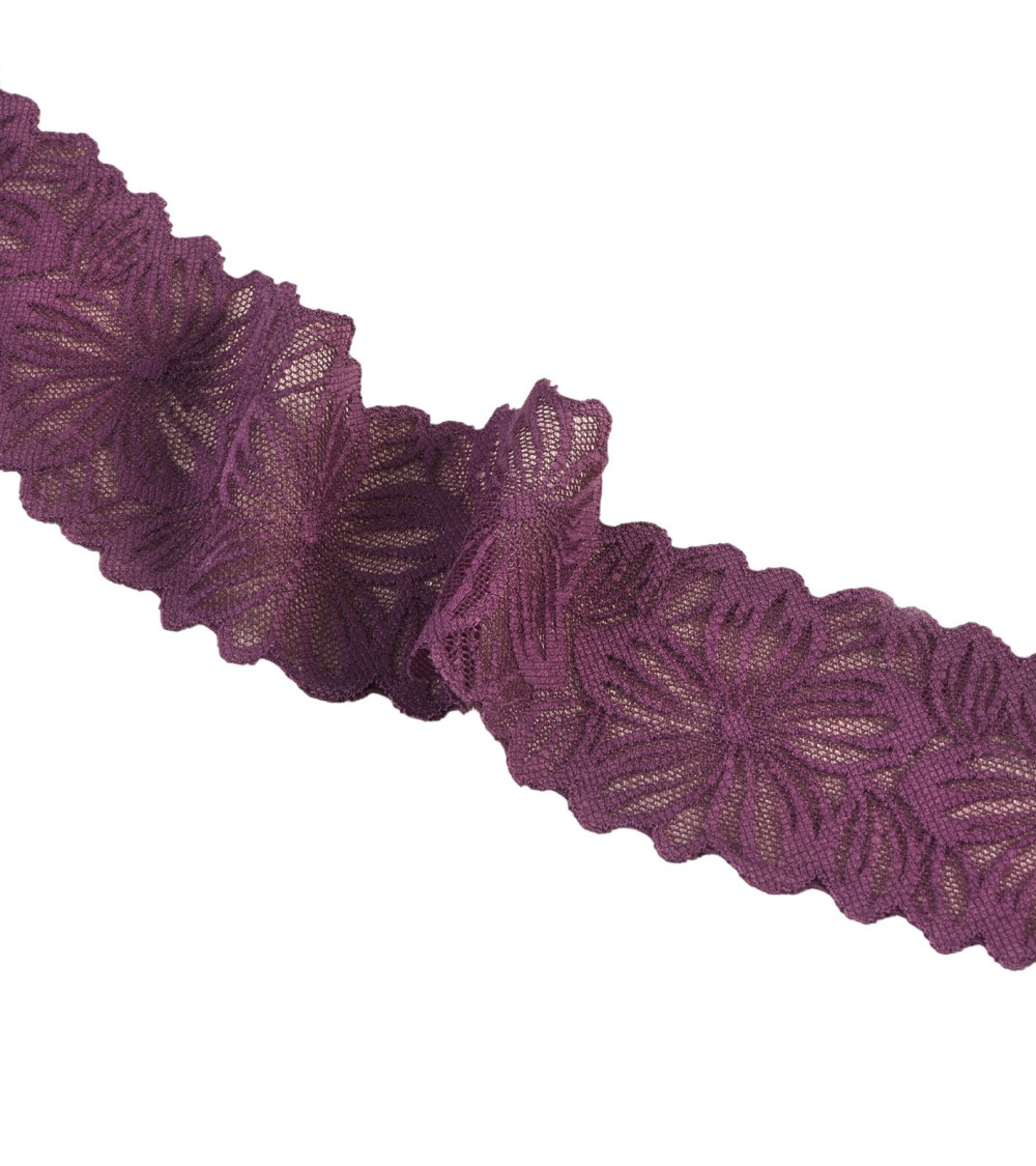 Elastic lace flowers 57mm plum per meter
