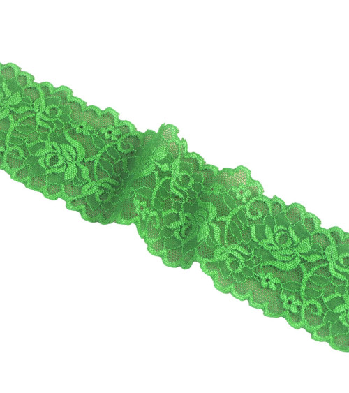 Elastic lace flowers 62mm dark green per meter