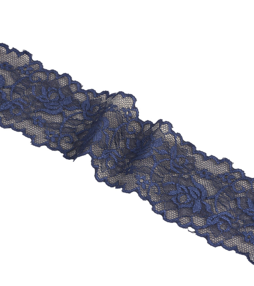 Elastic lace flowers 62mm navy blue per meter