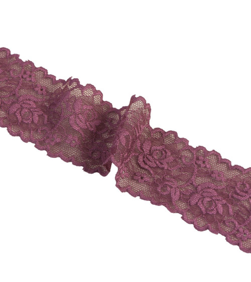 Elastic lace flowers 62mm plum per meter