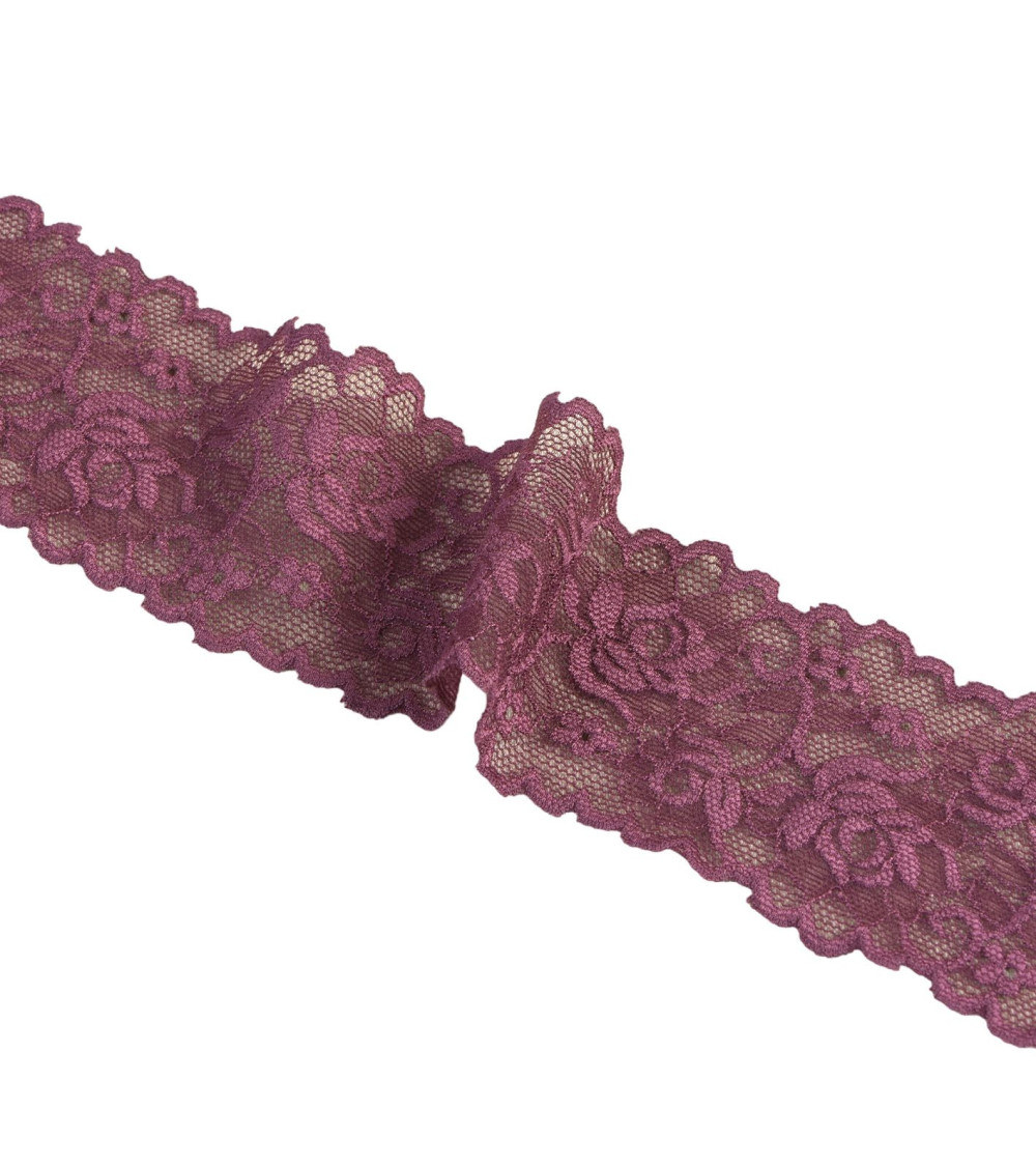Elastic lace flowers 62mm plum per meter