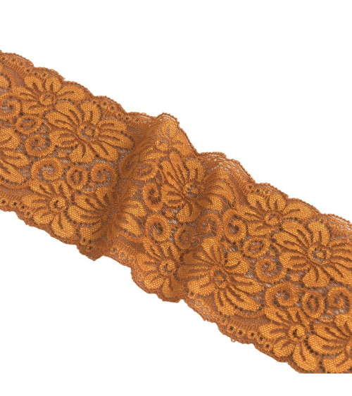Elastic lace flowers 85mm chocolate brown per meter