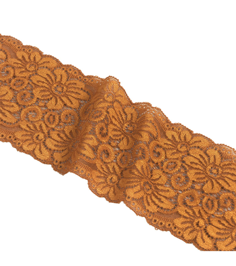 Elastic lace flowers 85mm chocolate brown per meter