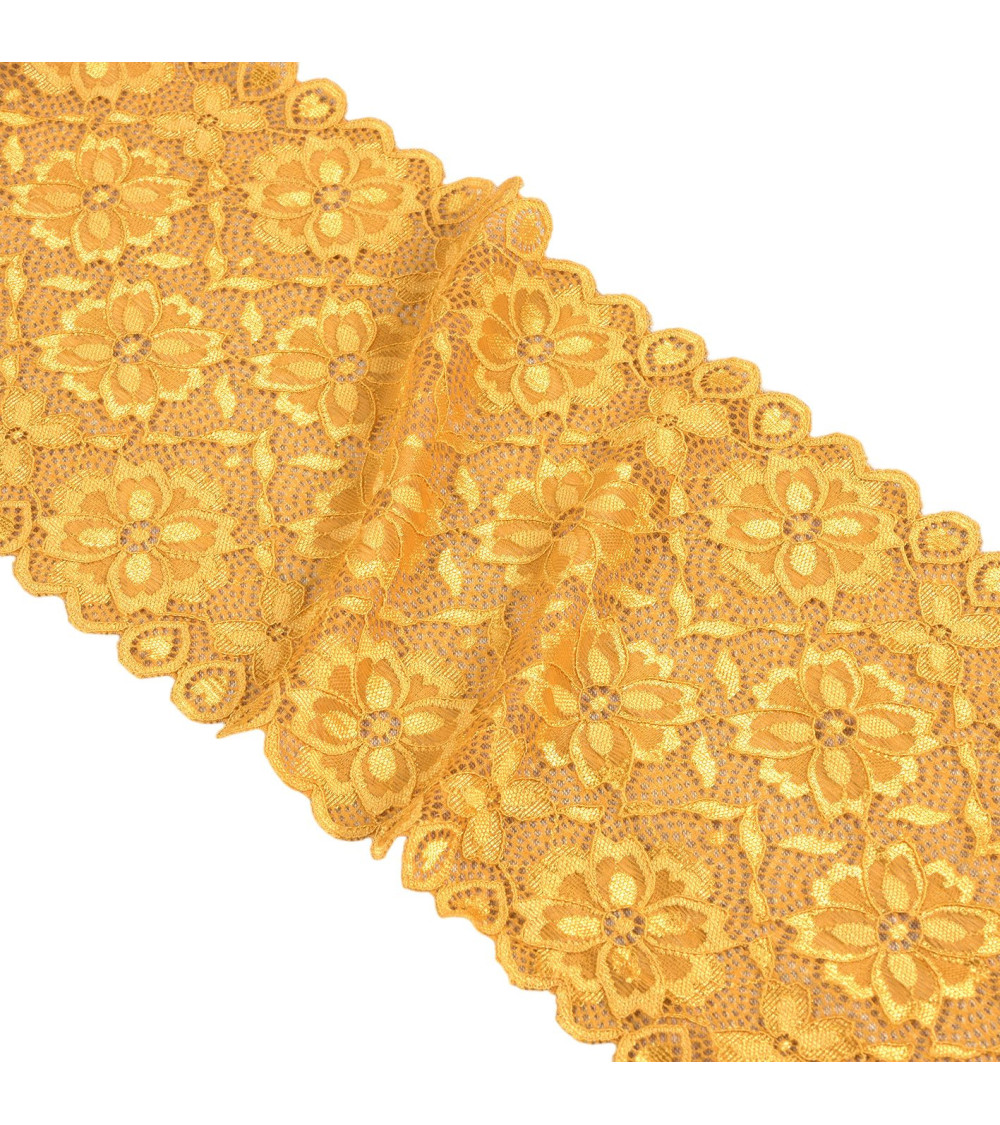 Elastic lace flowers 180mm mustard per meter