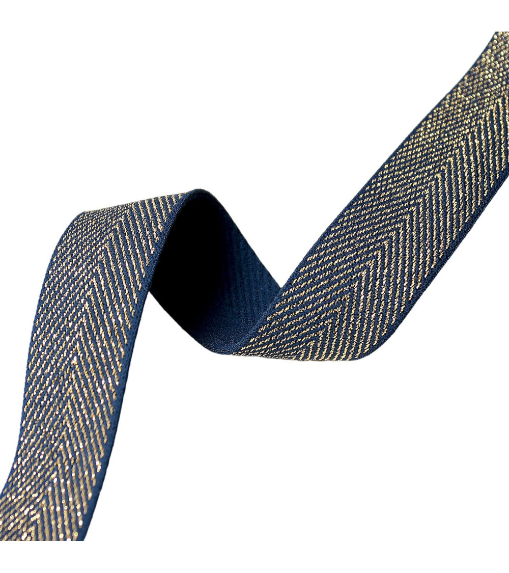 Metallic chevron elastic 32mm navy blue/gold per meter