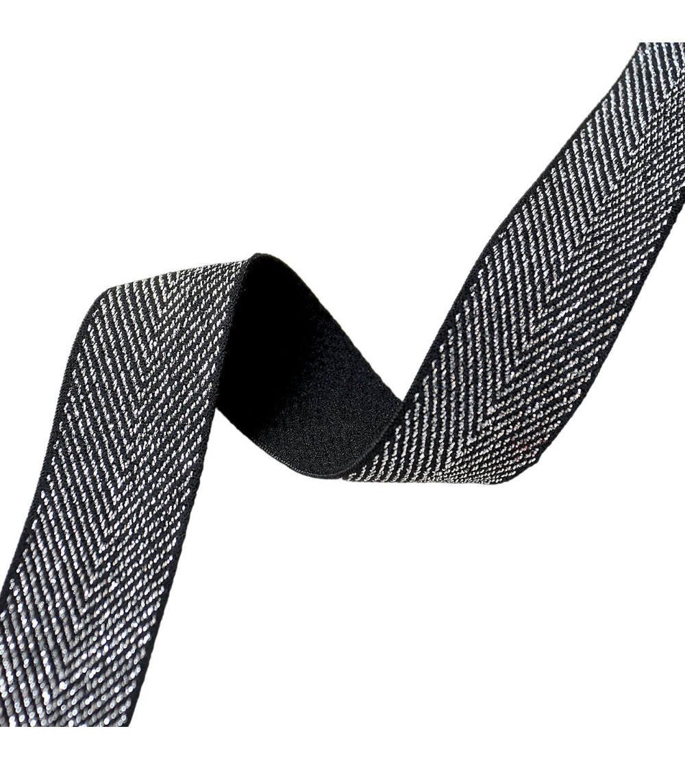Metallic herringbone elastic 32mm black/silver per meter