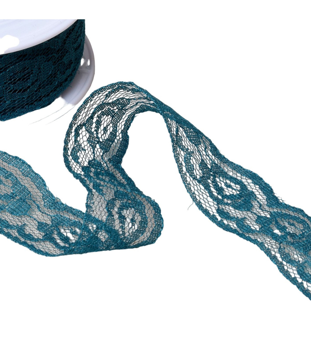 Rachel roses lace 28mm petrol blue per meter
