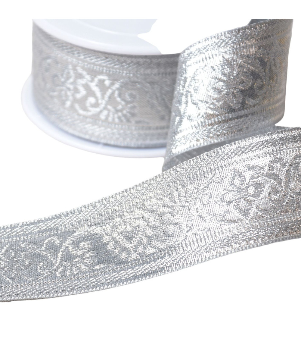 Metallic-Jacquard-Geflecht, 40 mm, Silber, pro Meter