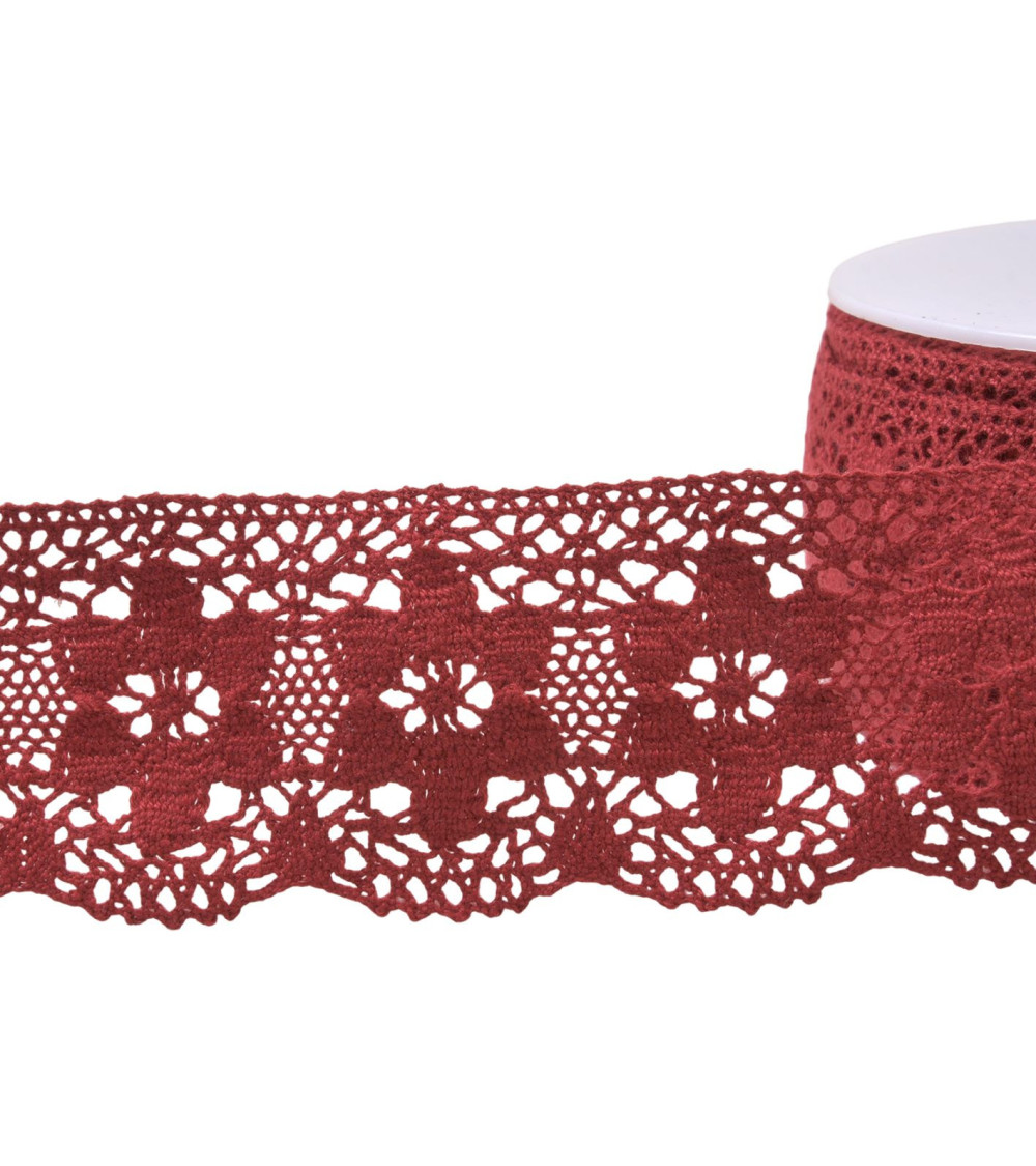 Cotton lace flowers 45mm burgundy per meter