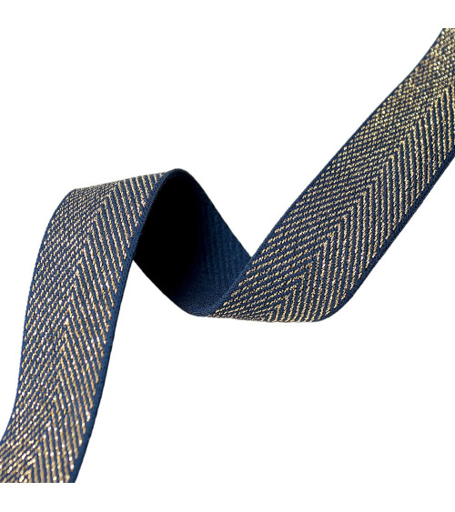 20m spool of metallic herringbone elastic 32mm navy blue/gold