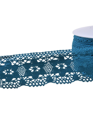 Bobina de 20 m de flores de encaje de algodón 45 mm azul pato