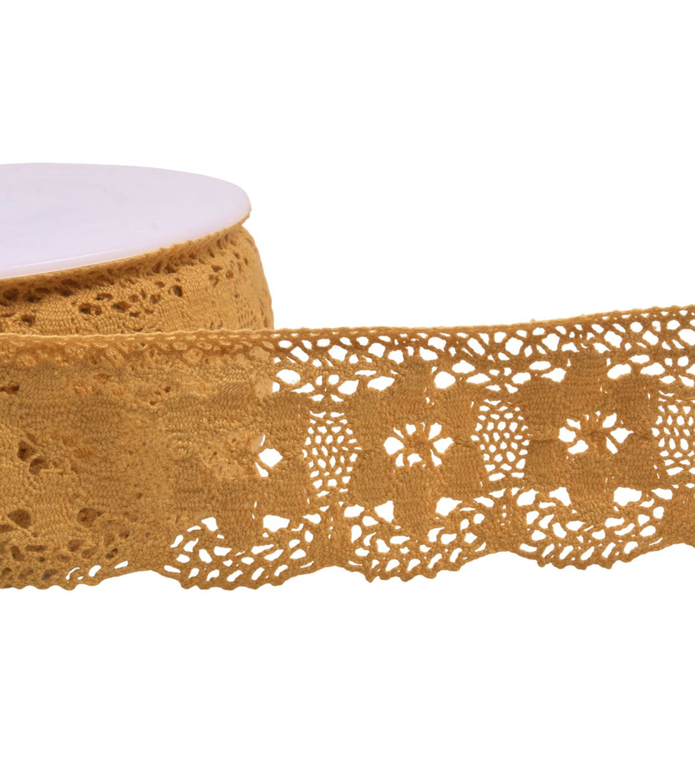 Bobine 20m dentelle coton fleurs 45mm moutarde
