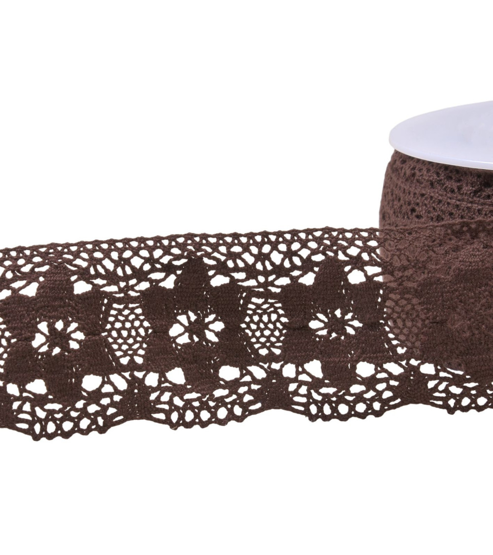 Bobina de 20m de flores de encaje de algodón 45mm marrón oscuro