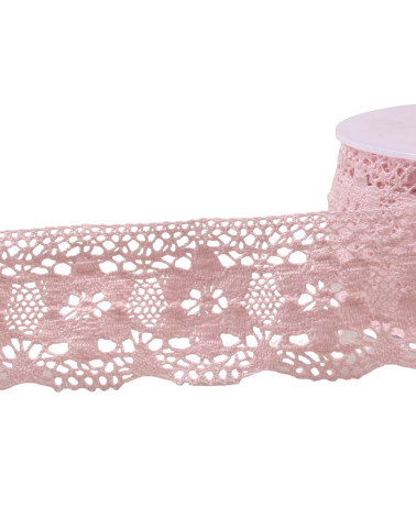 Bobine 20m dentelle coton fleurs 45mm rose clair