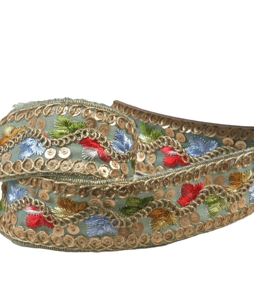 Ethnic embroidered braid 35mm almond green by the meter